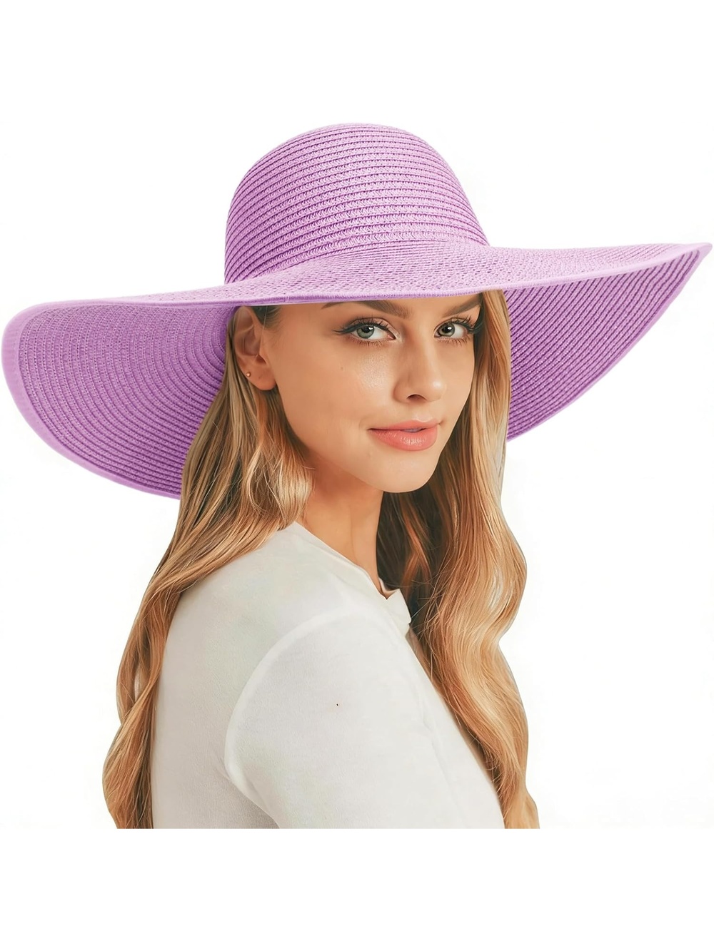 Women's Purple Wide Brim Big Straw Floppy Foldable Roll up UPF 50+ Beach Sun Hat